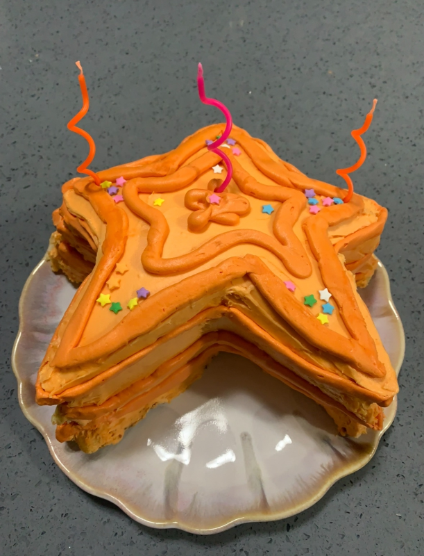 an orange star shaped cake with wild decoration and candles